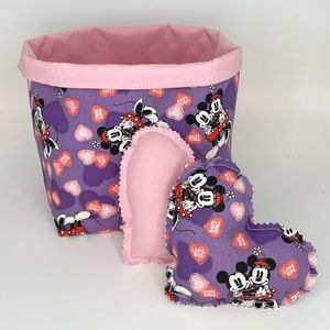 Disney Valentine’s Day Set / Fabric Basket with Two Hearts / Minnie Mickey Mouse